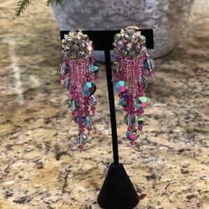 Earrings  Vintage -crystal silver pink with green -clip such movement walking!